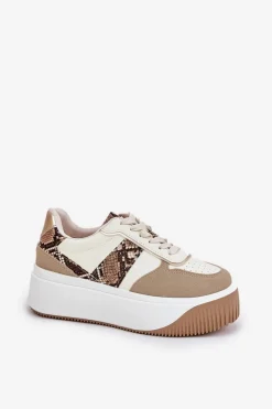 Sneakersy Damskie Na Masywnej Platformie Zwierzęcy Wzór Beżowe Telanila Damskie Buty Sportowe Na Platformie|Sneakersy Damskie