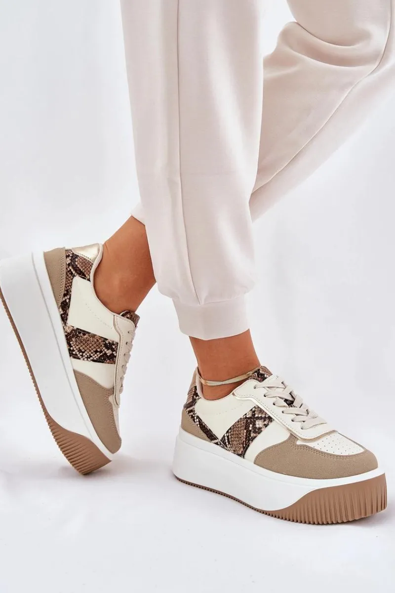 Sneakersy Damskie Na Masywnej Platformie Zwierzęcy Wzór Beżowe Telanila Damskie Buty Sportowe Na Platformie|Sneakersy Damskie