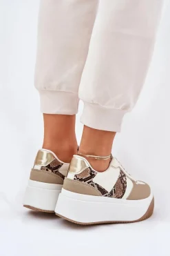 Sneakersy Damskie Na Masywnej Platformie Zwierzęcy Wzór Beżowe Telanila Damskie Buty Sportowe Na Platformie|Sneakersy Damskie