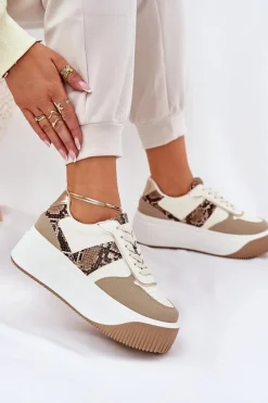 Sneakersy Damskie Na Masywnej Platformie Zwierzęcy Wzór Beżowe Telanila Damskie Buty Sportowe Na Platformie|Sneakersy Damskie
