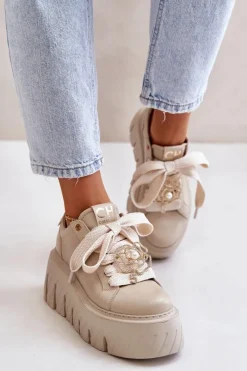 Outlet CheBello Sneakersy Damskie Na Masywnej Podeszwie Ze Złotą Ozdobą 4530 Beżowe Beżowy