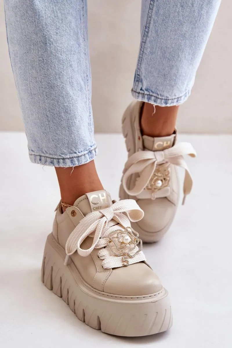 Outlet CheBello Sneakersy Damskie Na Masywnej Podeszwie Ze Złotą Ozdobą 4530 Beżowe Beżowy