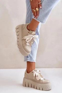 Outlet CheBello Sneakersy Damskie Na Masywnej Podeszwie Ze Złotą Ozdobą 4530 Beżowe Beżowy