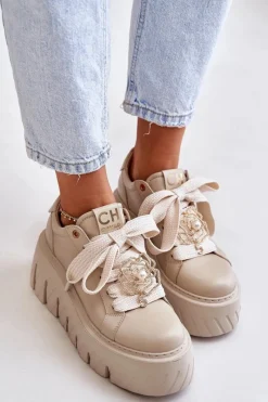 Outlet CheBello Sneakersy Damskie Na Masywnej Podeszwie Ze Złotą Ozdobą 4530 Beżowe Beżowy