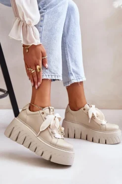 Outlet CheBello Sneakersy Damskie Na Masywnej Podeszwie Ze Złotą Ozdobą 4530 Beżowe Beżowy
