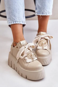 Outlet CheBello Sneakersy Damskie Na Masywnej Podeszwie Ze Złotą Ozdobą 4530 Beżowe Beżowy