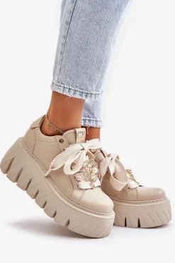 Outlet CheBello Sneakersy Damskie Na Masywnej Podeszwie Ze Złotą Ozdobą 4530 Beżowe Beżowy