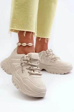 Sale Sneakersy Damskie Na Masywnej Podeszwie Z Ozdobnym Sznurowaniem Beżowe Relissa Damskie Sneakersy Damskie