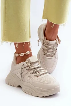 Sale Sneakersy Damskie Na Masywnej Podeszwie Z Ozdobnym Sznurowaniem Beżowe Relissa Damskie Sneakersy Damskie