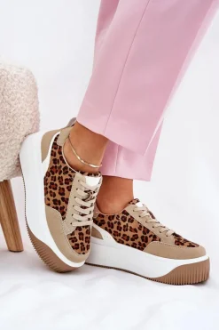 Outlet Boto Sneakersy Damskie Na Masywnej Platformie Panterka Beżowe Tamorniel Beżowy
