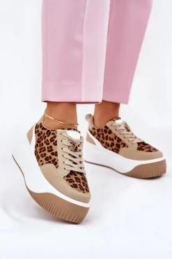 Outlet Boto Sneakersy Damskie Na Masywnej Platformie Panterka Beżowe Tamorniel Beżowy