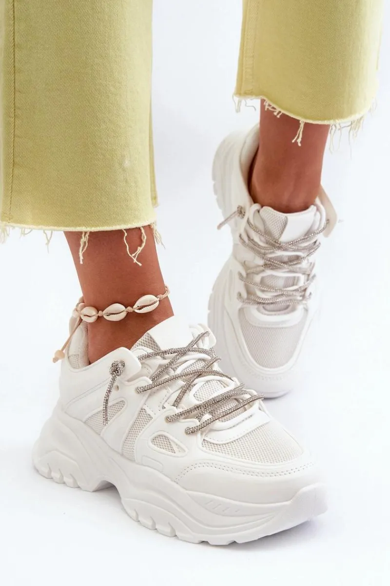 Sneakersy Damskie>Boto Sneakersy Damskie Na Masywnej Podeszwie Z Ozdobnym Sznurowaniem Białe Relissa Biały