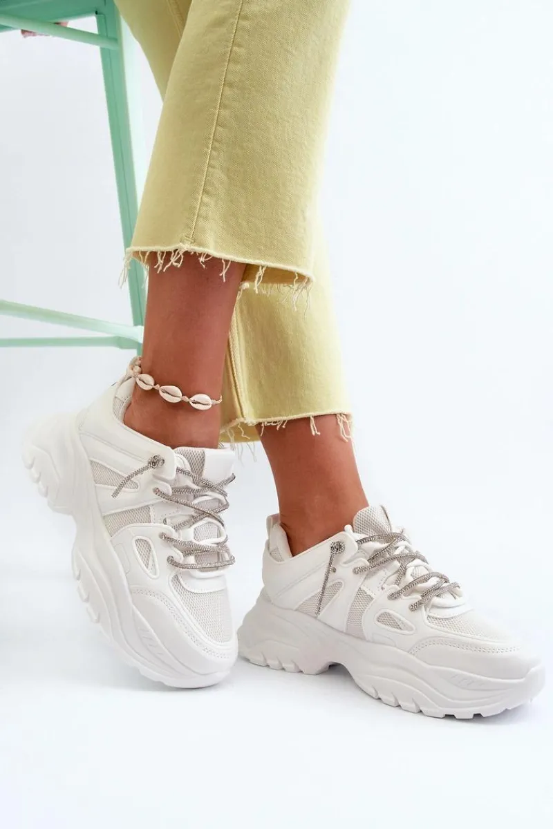 Sneakersy Damskie>Boto Sneakersy Damskie Na Masywnej Podeszwie Z Ozdobnym Sznurowaniem Białe Relissa Biały