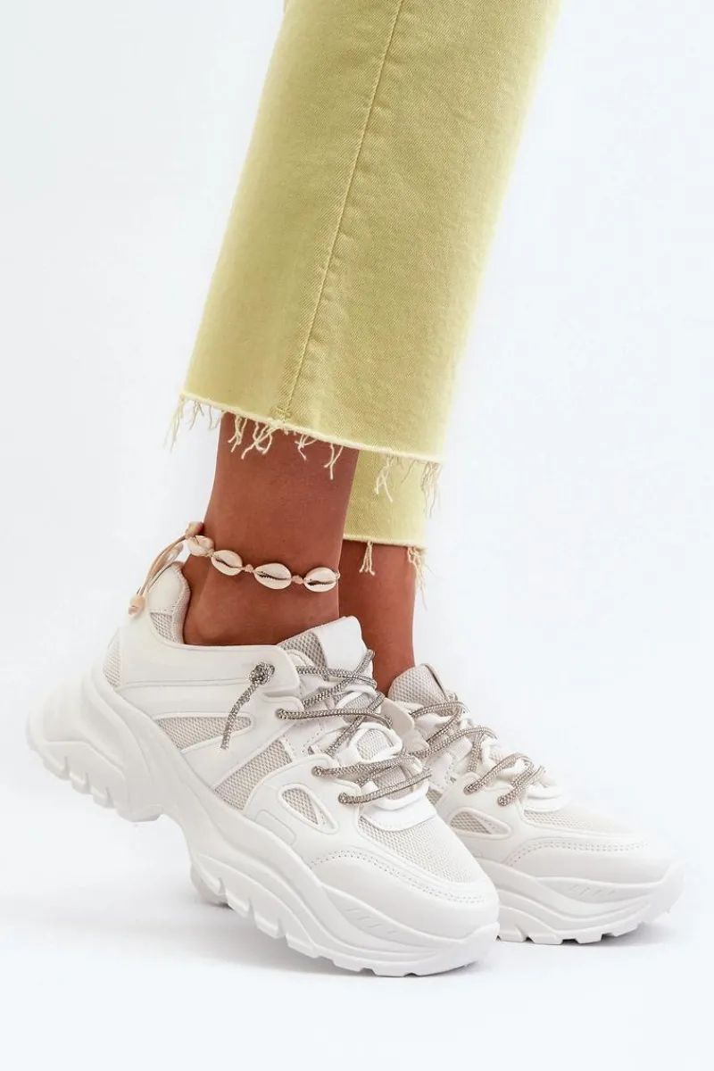 Sneakersy Damskie>Boto Sneakersy Damskie Na Masywnej Podeszwie Z Ozdobnym Sznurowaniem Białe Relissa Biały