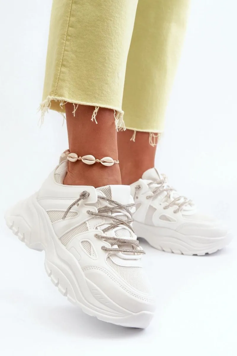 Sneakersy Damskie>Boto Sneakersy Damskie Na Masywnej Podeszwie Z Ozdobnym Sznurowaniem Białe Relissa Biały