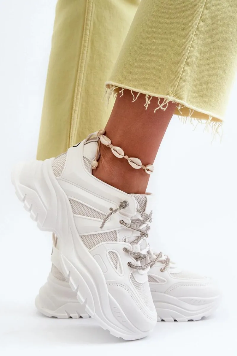 Sneakersy Damskie>Boto Sneakersy Damskie Na Masywnej Podeszwie Z Ozdobnym Sznurowaniem Białe Relissa Biały