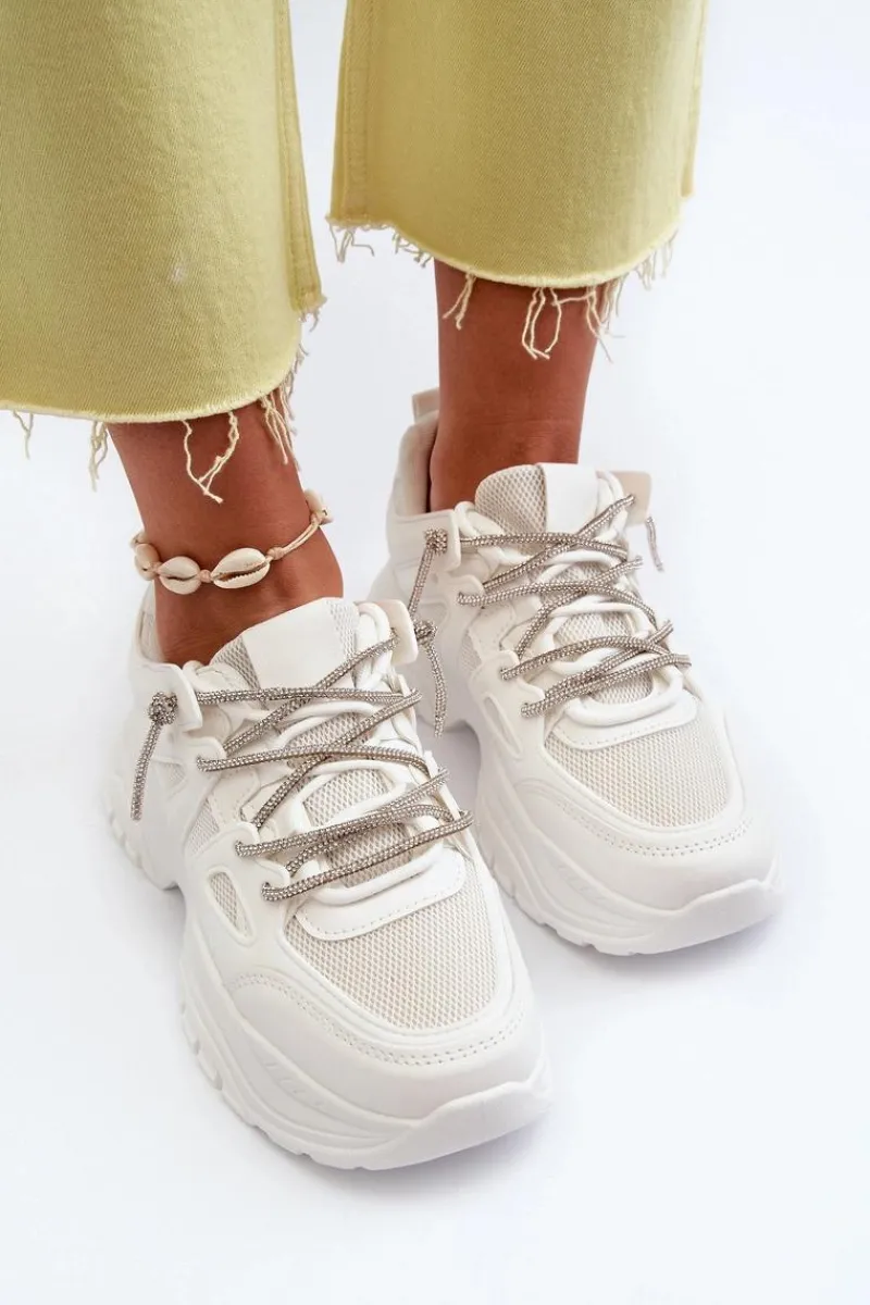 Sneakersy Damskie>Boto Sneakersy Damskie Na Masywnej Podeszwie Z Ozdobnym Sznurowaniem Białe Relissa Biały