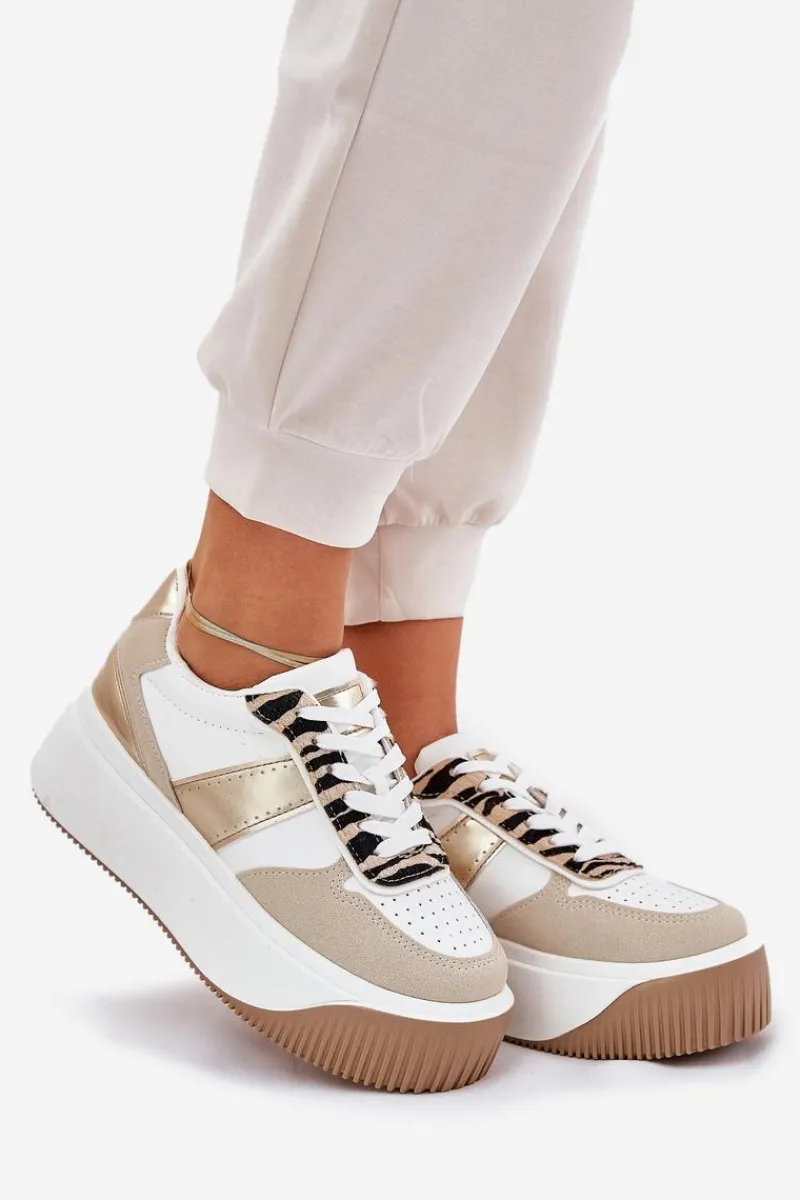 Buty Sportowe Na Platformie|Sneakersy Damskie>Boto Sneakersy Damskie Na Masywnej Platformie Zwierzęcy Wzór Beżowo-Złote Telanila