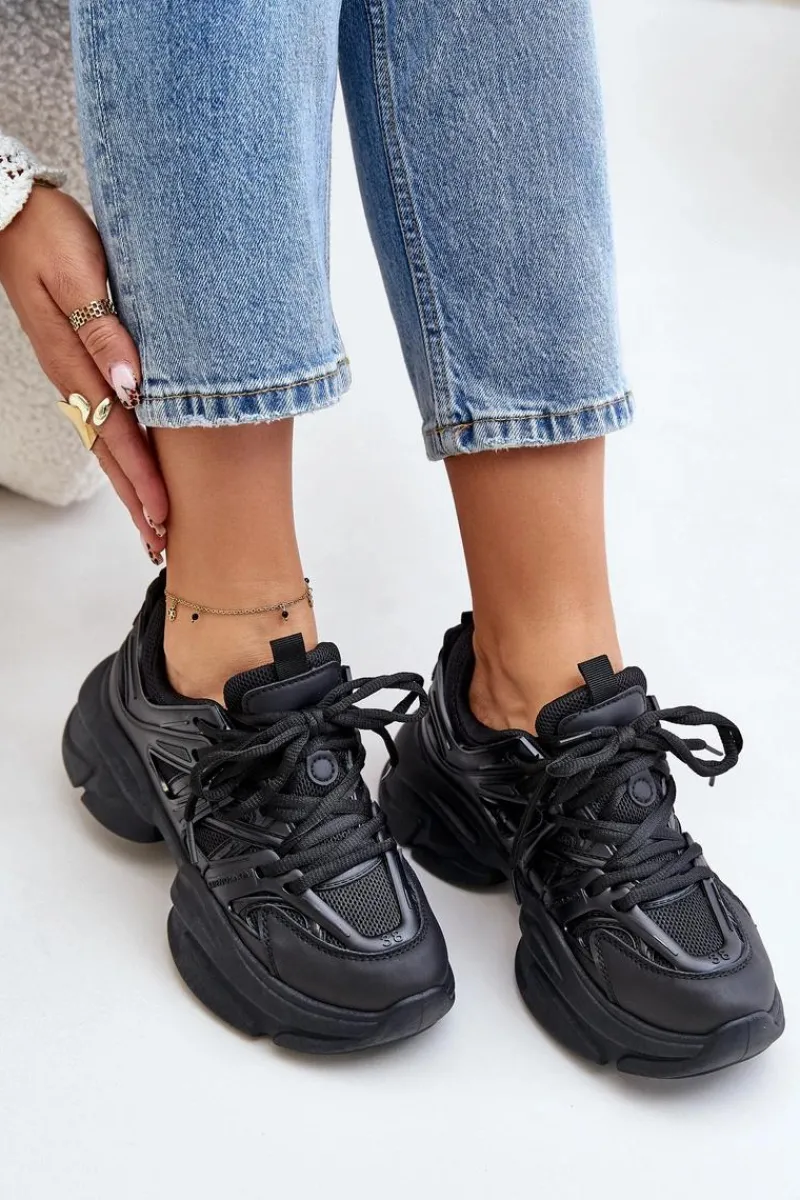 Sneakersy Damskie Na Masywnej Podeszwie Czarne Amoserna Damskie Sneakersy Damskie