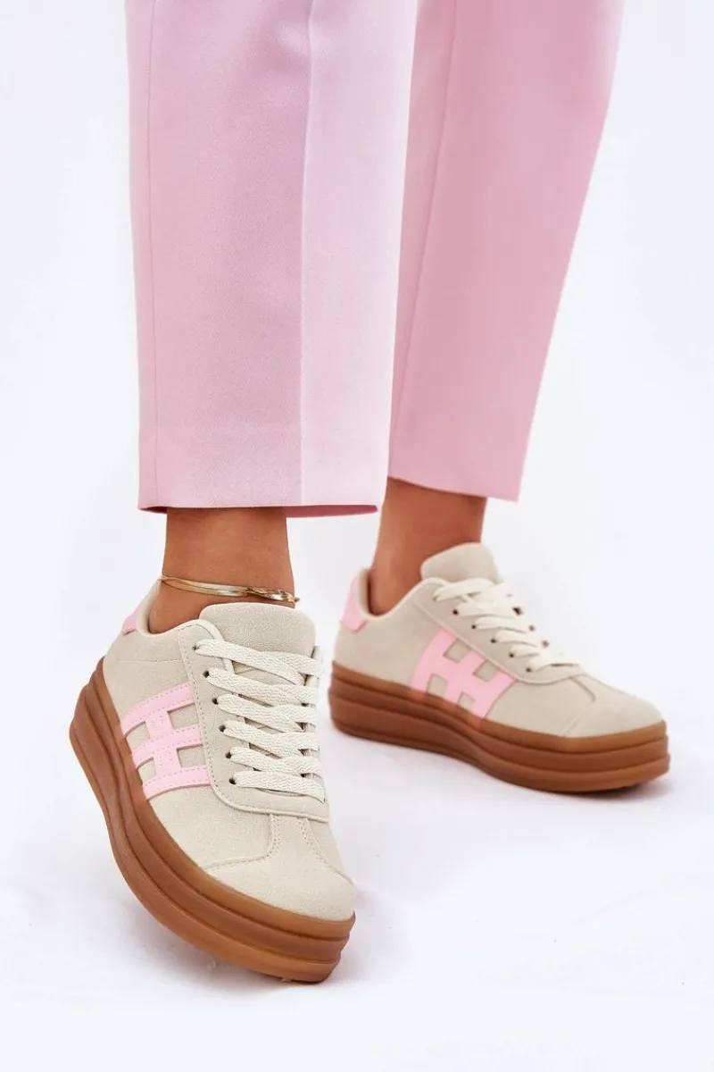 Sneakersy Damskie Na Platformie Beżowe Syliyana Damskie Sneakersy Damskie
