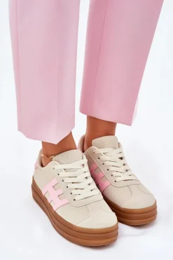Sneakersy Damskie Na Platformie Beżowe Syliyana Damskie Sneakersy Damskie