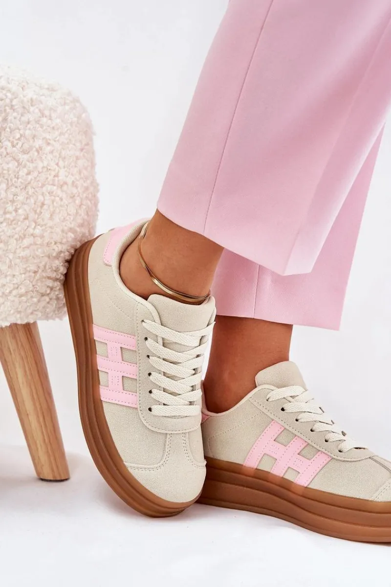 Sneakersy Damskie Na Platformie Beżowe Syliyana Damskie Sneakersy Damskie