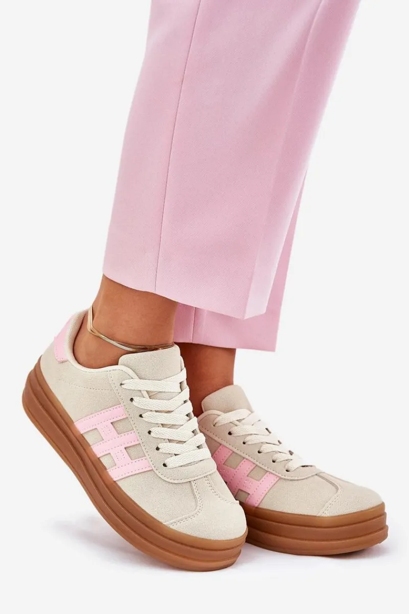 Sneakersy Damskie Na Platformie Beżowe Syliyana Damskie Sneakersy Damskie