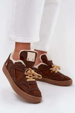 Clearance Boto Sneakersy Damskie Na Platformie Ocieplane Futerkiem Brązowe Solvia Brązowy