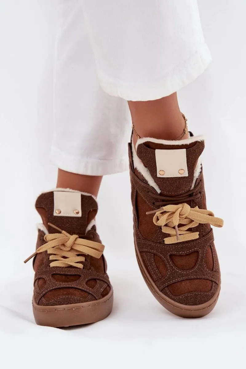 Clearance Boto Sneakersy Damskie Na Platformie Ocieplane Futerkiem Brązowe Solvia Brązowy