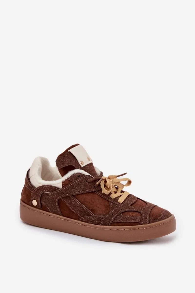 Clearance Boto Sneakersy Damskie Na Platformie Ocieplane Futerkiem Brązowe Solvia Brązowy