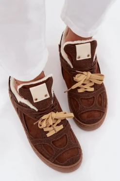 Clearance Boto Sneakersy Damskie Na Platformie Ocieplane Futerkiem Brązowe Solvia Brązowy