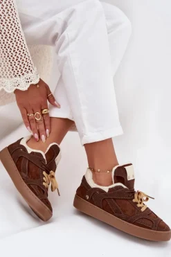 Clearance Boto Sneakersy Damskie Na Platformie Ocieplane Futerkiem Brązowe Solvia Brązowy