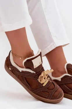 Clearance Boto Sneakersy Damskie Na Platformie Ocieplane Futerkiem Brązowe Solvia Brązowy