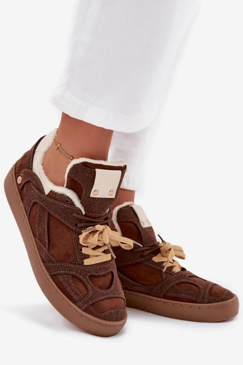Clearance Boto Sneakersy Damskie Na Platformie Ocieplane Futerkiem Brązowe Solvia Brązowy