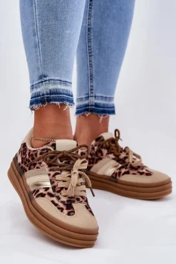 New Boto Sneakersy Damskie Na Platformie Z Podwójnym Sznurowaniem Panterka Beżowe Niteria Beżowy