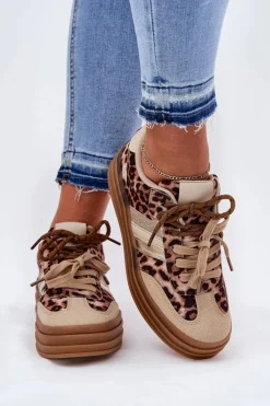New Boto Sneakersy Damskie Na Platformie Z Podwójnym Sznurowaniem Panterka Beżowe Niteria Beżowy