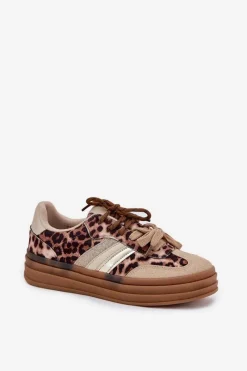 New Boto Sneakersy Damskie Na Platformie Z Podwójnym Sznurowaniem Panterka Beżowe Niteria Beżowy