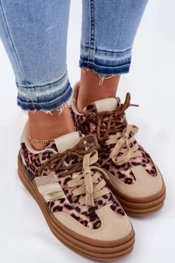 New Boto Sneakersy Damskie Na Platformie Z Podwójnym Sznurowaniem Panterka Beżowe Niteria Beżowy