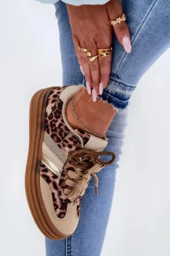 New Boto Sneakersy Damskie Na Platformie Z Podwójnym Sznurowaniem Panterka Beżowe Niteria Beżowy
