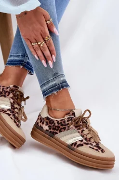 New Boto Sneakersy Damskie Na Platformie Z Podwójnym Sznurowaniem Panterka Beżowe Niteria Beżowy