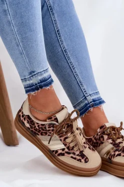 New Boto Sneakersy Damskie Na Platformie Z Podwójnym Sznurowaniem Panterka Beżowe Niteria Beżowy