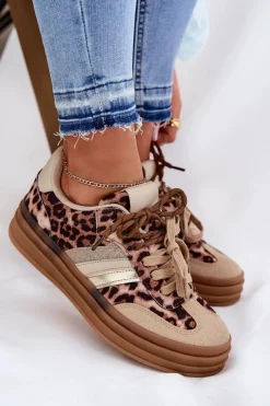 New Boto Sneakersy Damskie Na Platformie Z Podwójnym Sznurowaniem Panterka Beżowe Niteria Beżowy