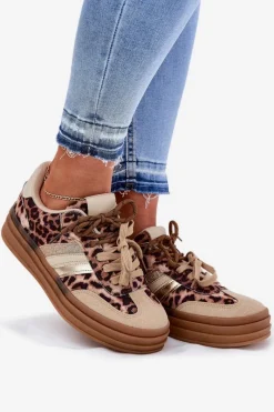 New Boto Sneakersy Damskie Na Platformie Z Podwójnym Sznurowaniem Panterka Beżowe Niteria Beżowy