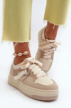 Best Boto Sneakersy Damskie Na Platformie Z Eko Skóry Beżowe Moun Beżowy