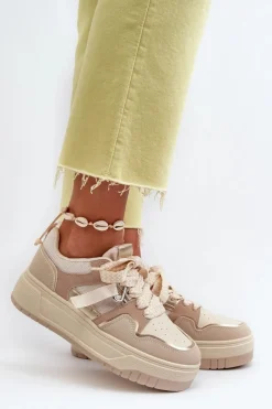 Best Boto Sneakersy Damskie Na Platformie Z Eko Skóry Beżowe Moun Beżowy