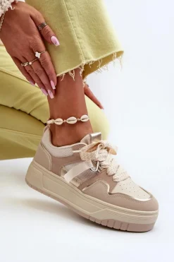 Best Boto Sneakersy Damskie Na Platformie Z Eko Skóry Beżowe Moun Beżowy