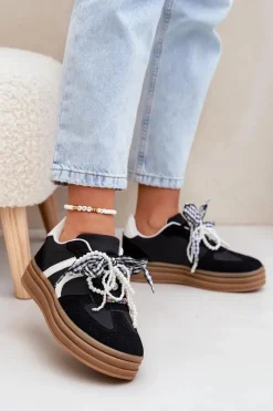 Discount Boto Sneakersy Damskie Na Platformie Z Ozdobami Czarne Vinness Czarny