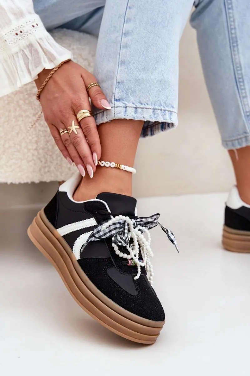 Discount Boto Sneakersy Damskie Na Platformie Z Ozdobami Czarne Vinness Czarny