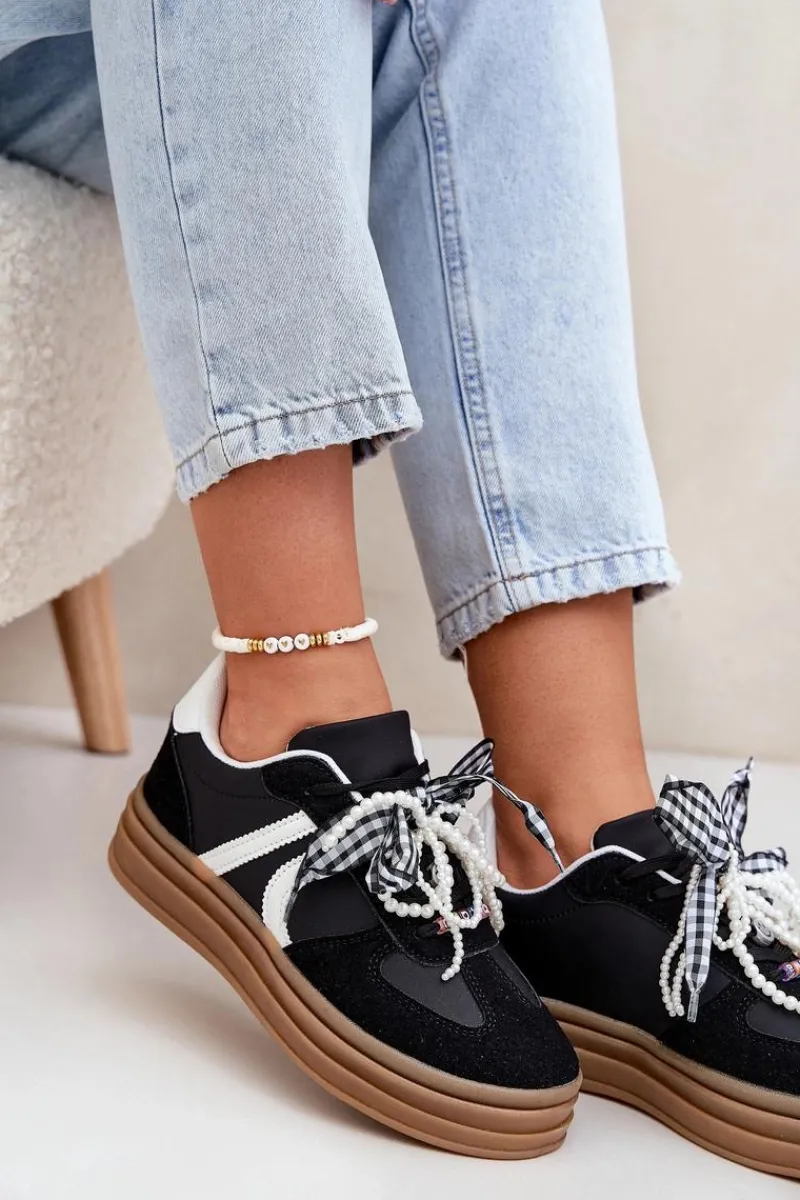 Discount Boto Sneakersy Damskie Na Platformie Z Ozdobami Czarne Vinness Czarny