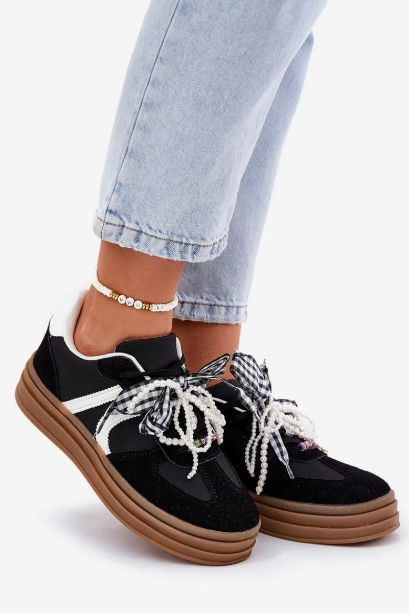 Discount Boto Sneakersy Damskie Na Platformie Z Ozdobami Czarne Vinness Czarny